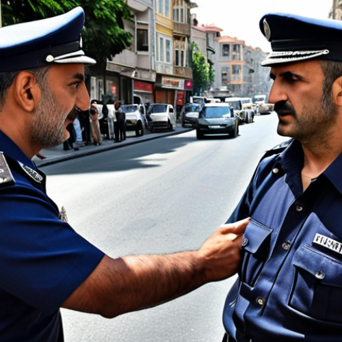 Home 24 **Image Prompt 1: The Human Touch in Crisis Management**
A Turkish traffic police officer, mid-40s, with a calm and empathetic expression, gently interacting with a visibly distressed driver at the scene of a minor fender-bender on a bustling Istanbul street. The officer is making a reassuring gesture, emphasizing clear communication and psychological support. The background shows moderate urban traffic, with traditional Turkish architecture subtly visible, highlighting the blend of human skill and everyday city life. The focus is on the officer's calm demeanor amidst a tense situation.