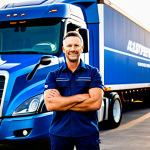 A professional male truck driver in his late 30s, wearing a clean, dark blue professional driver's uniform with a company logo. Standing confidently next to a sleek, modern, fully electric semi-truck, parked in a large, organized logistics hub during a clear sunrise. The background features other advanced cargo vehicles and a well-lit warehouse entrance. The driver holds a tablet displaying a digital map, indicating route optimization. His posture is strong and capable. Professional photography, realistic, high detail, perfect anatomy, correct proportions, natural pose, well-formed hands, proper finger count, natural body proportions, fully clothed, modest clothing, appropriate attire, professional dress, safe for work, appropriate content, family-friendly.