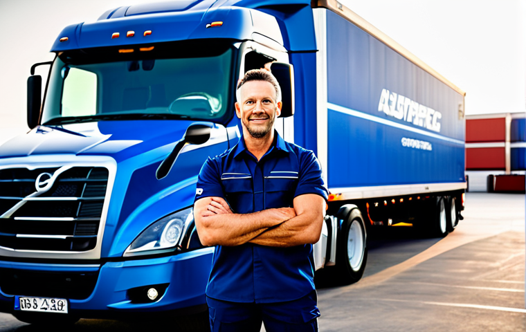 A professional male truck driver in his late 30s, wearing a clean, dark blue professional driver's uniform with a company logo. Standing confidently next to a sleek, modern, fully electric semi-truck, parked in a large, organized logistics hub during a clear sunrise. The background features other advanced cargo vehicles and a well-lit warehouse entrance. The driver holds a tablet displaying a digital map, indicating route optimization. His posture is strong and capable. Professional photography, realistic, high detail, perfect anatomy, correct proportions, natural pose, well-formed hands, proper finger count, natural body proportions, fully clothed, modest clothing, appropriate attire, professional dress, safe for work, appropriate content, family-friendly.